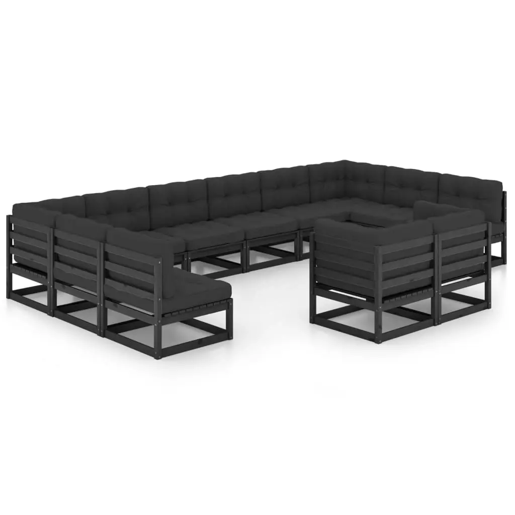 12 Piece Garden Lounge Set with Cushions Black Solid Pinewood 3077278 - Furniture