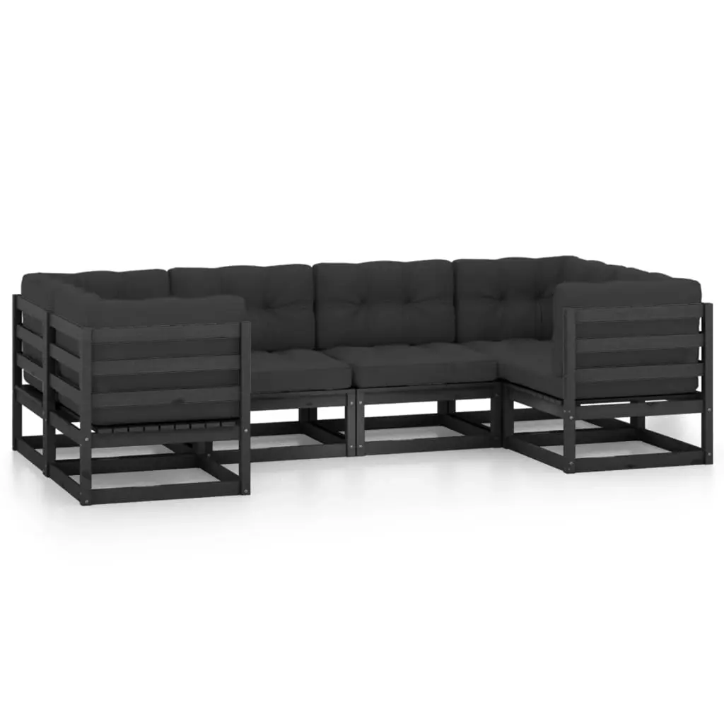 6 Piece Garden Lounge Set with Cushions Black Solid Pinewood 3077298 - Furniture