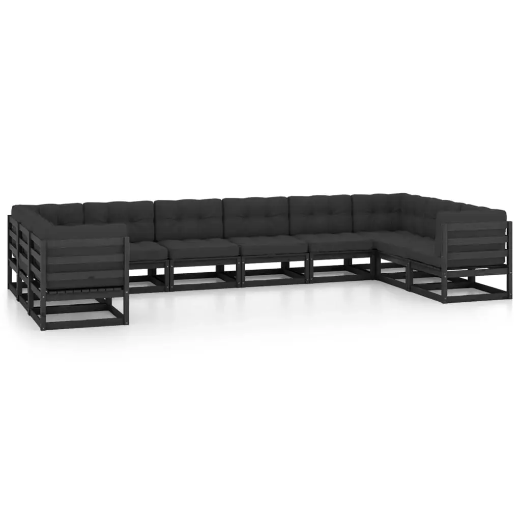 10 Piece Garden Lounge Set with Cushions Black Solid Pinewood 3077323 - Furniture