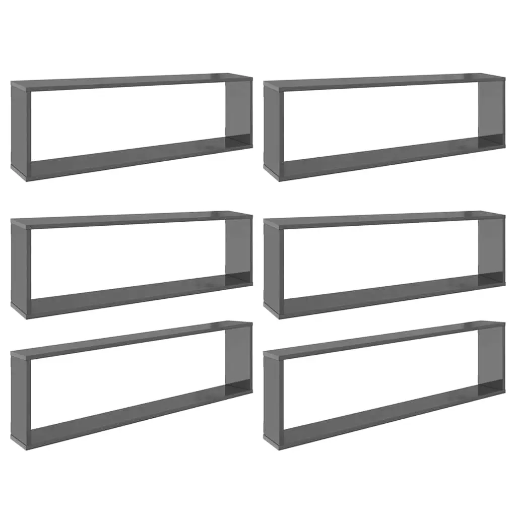 Wall Cube Shelves 6 pcs High Gloss Grey 100x15x30 cm Engineered Wood 807105 - Furniture