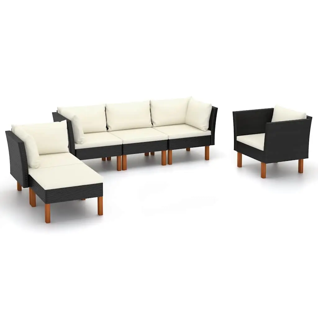 6 Piece Garden Lounge Set Poly Rattan and Eucalyptus Wood Black 3082085 - Furniture