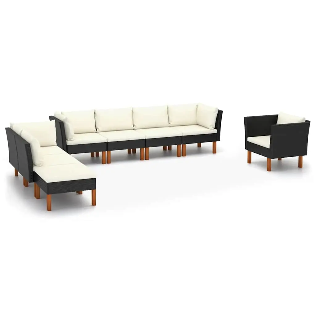8 Piece Garden Lounge Set Poly Rattan and Eucalyptus Wood Black 3082087 - Furniture