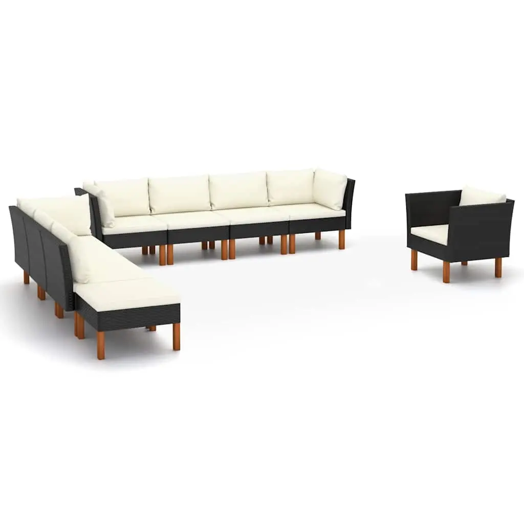 9 Piece Garden Lounge Set Poly Rattan and Eucalyptus Wood Black 3082089 - Furniture
