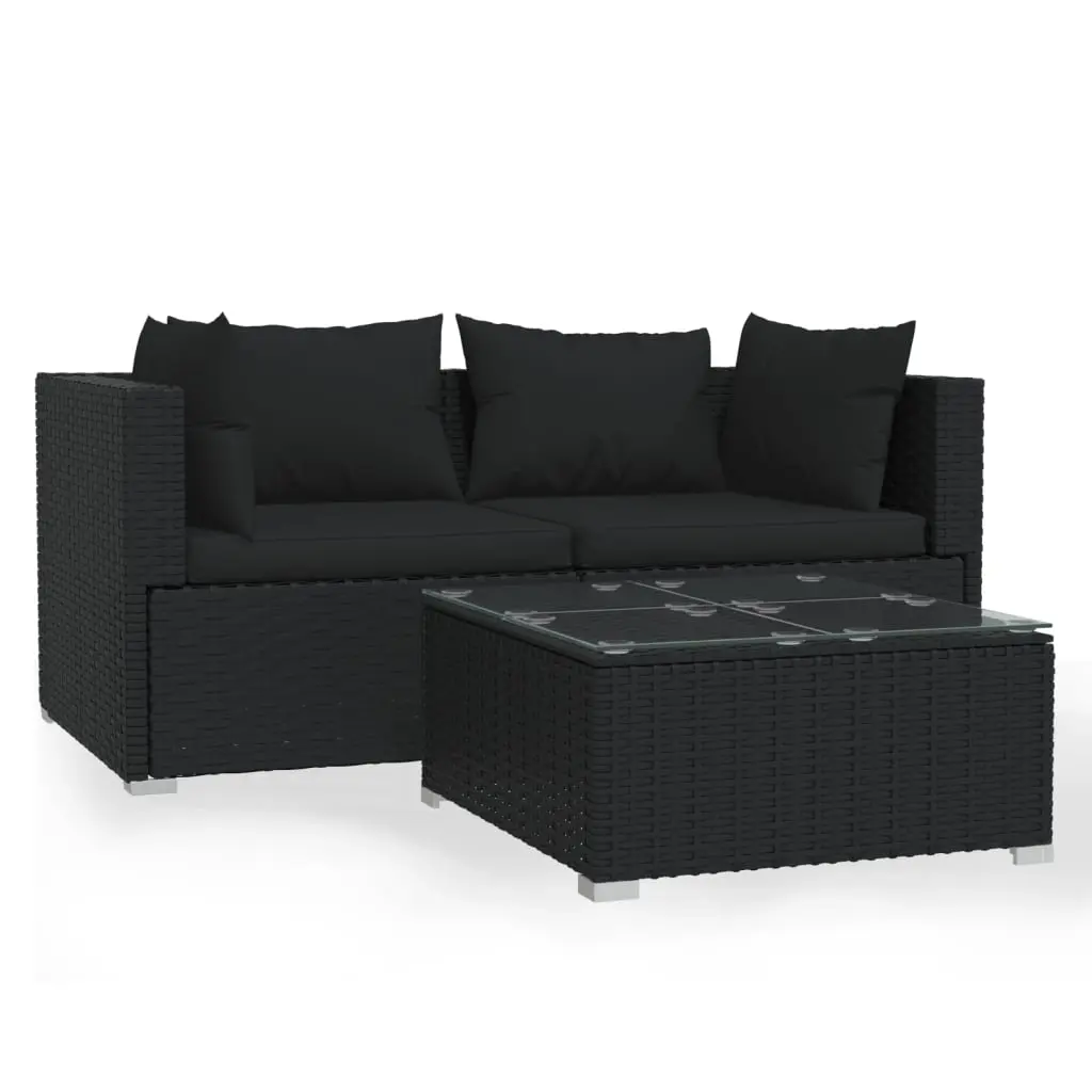 3 Piece Garden Lounge Set with Cushions Black Poly Rattan 317521 - Furniture