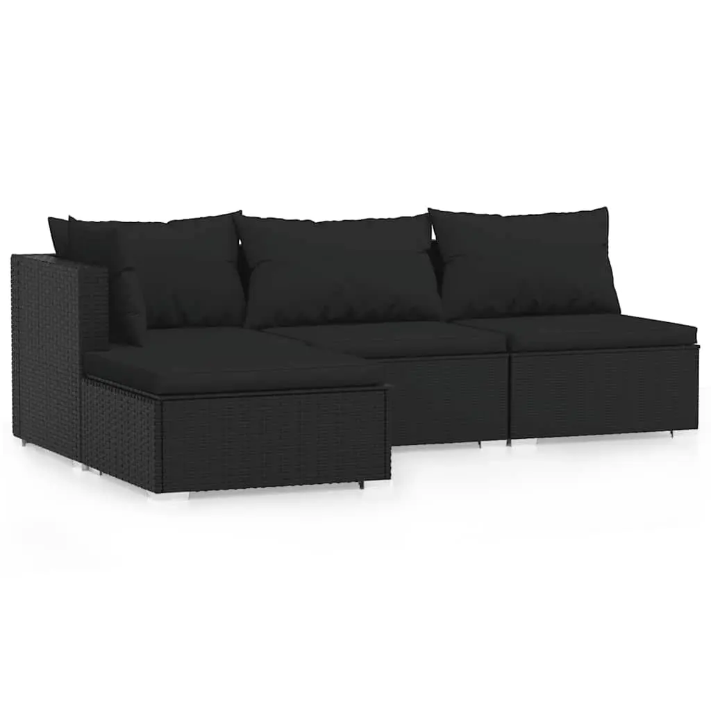 4 Piece Garden Lounge Set with Cushions Black Poly Rattan 317523 - Furniture