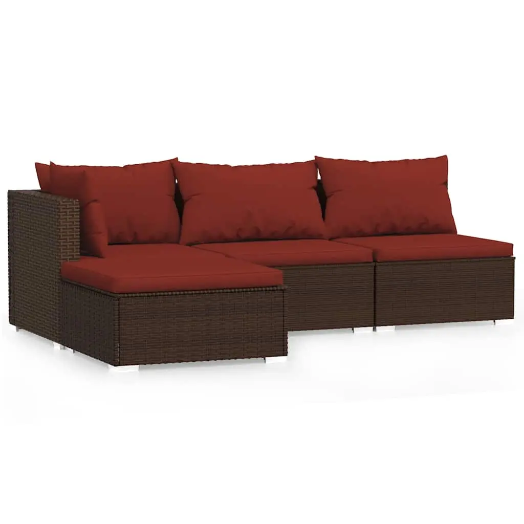 4 Piece Garden Lounge Set with Cushions Brown Poly Rattan 317545 - Furniture