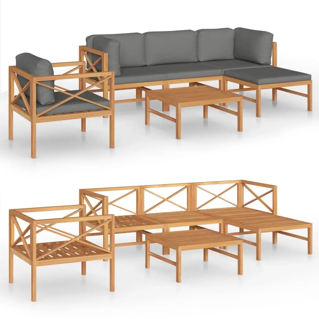 6 Piece Garden Lounge Set with Grey Cushions Solid Wood Teak 3087201 - Furniture