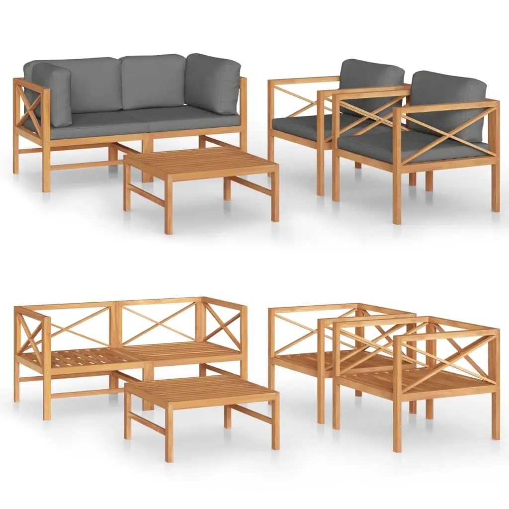 5 Piece Garden Lounge Set with Grey Cushions Solid Wood Teak 3087213 - Furniture