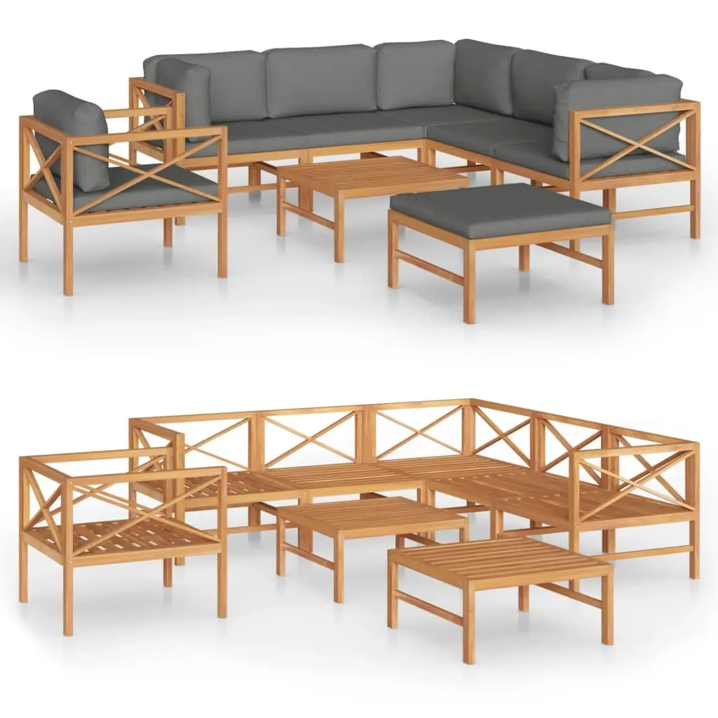 8 Piece Garden Lounge Set with Grey Cushions Solid Wood Teak 3087223 - Furniture