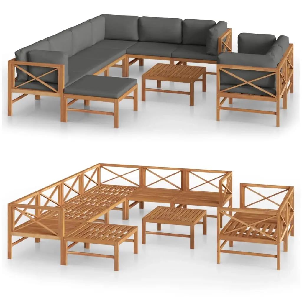 10 Piece Garden Lounge Set with Grey Cushions Solid Teak Wood 3087227 - Furniture