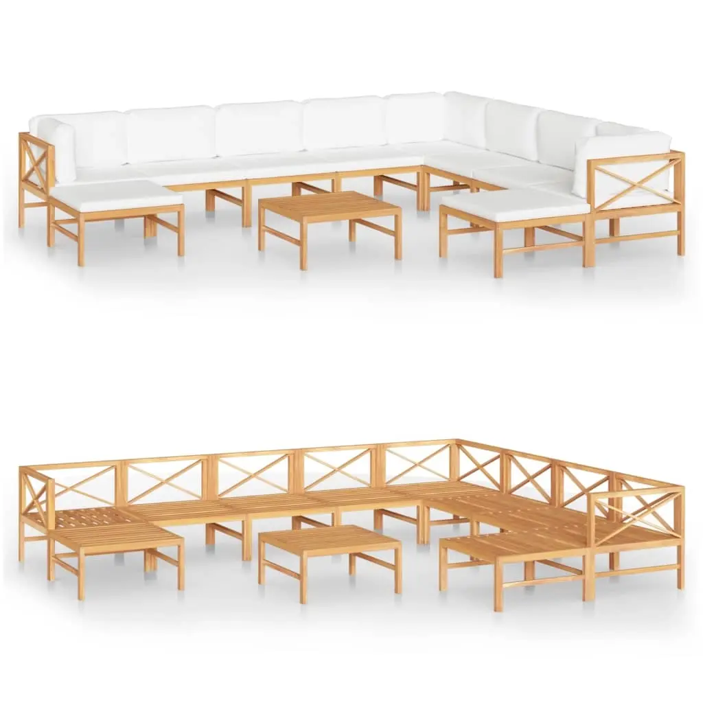 11 Piece Garden Lounge Set with Cream Cushions Solid Teak Wood 3087228 - Furniture