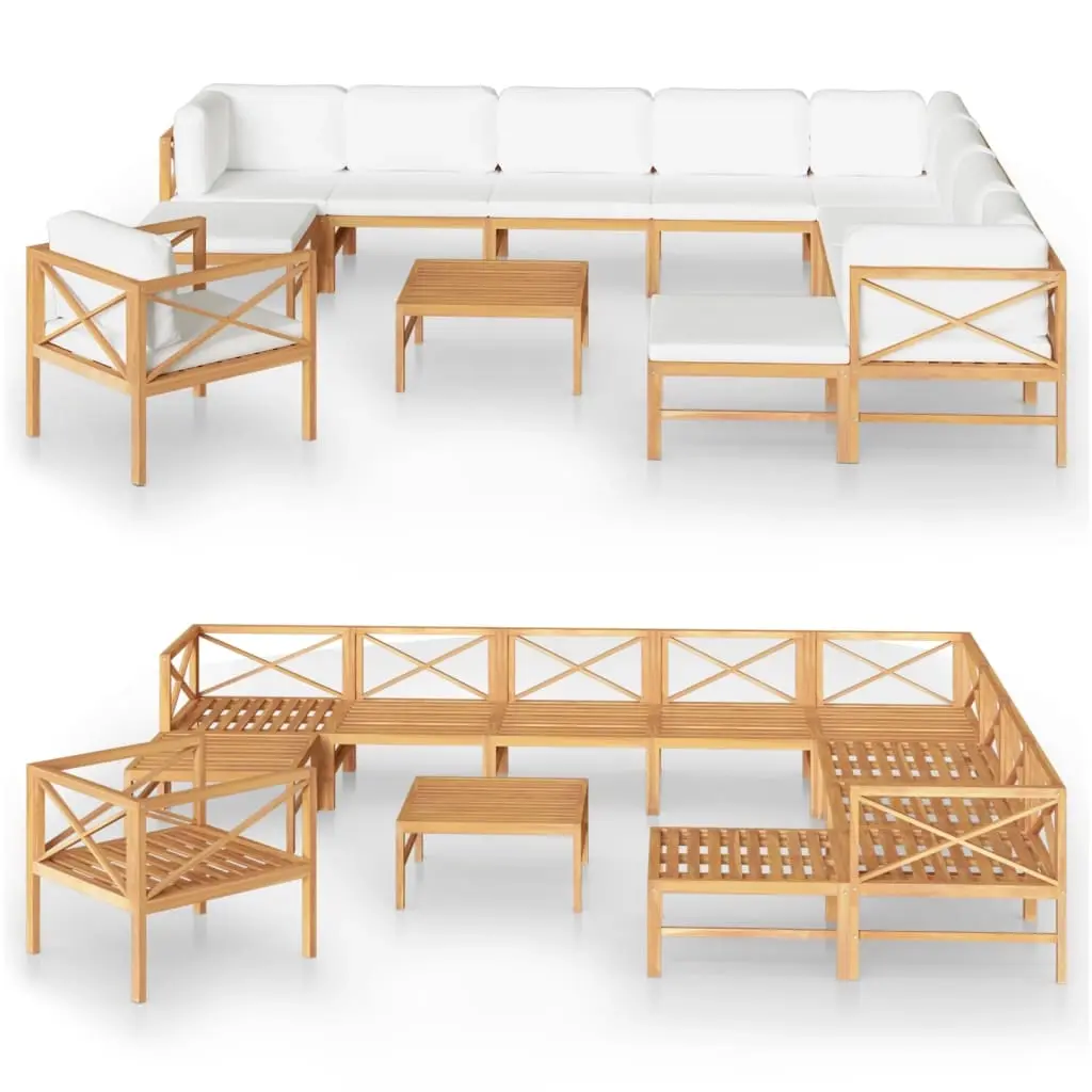 12 Piece Garden Lounge Set with Cream Cushions Solid Teak Wood 3087230 - Furniture