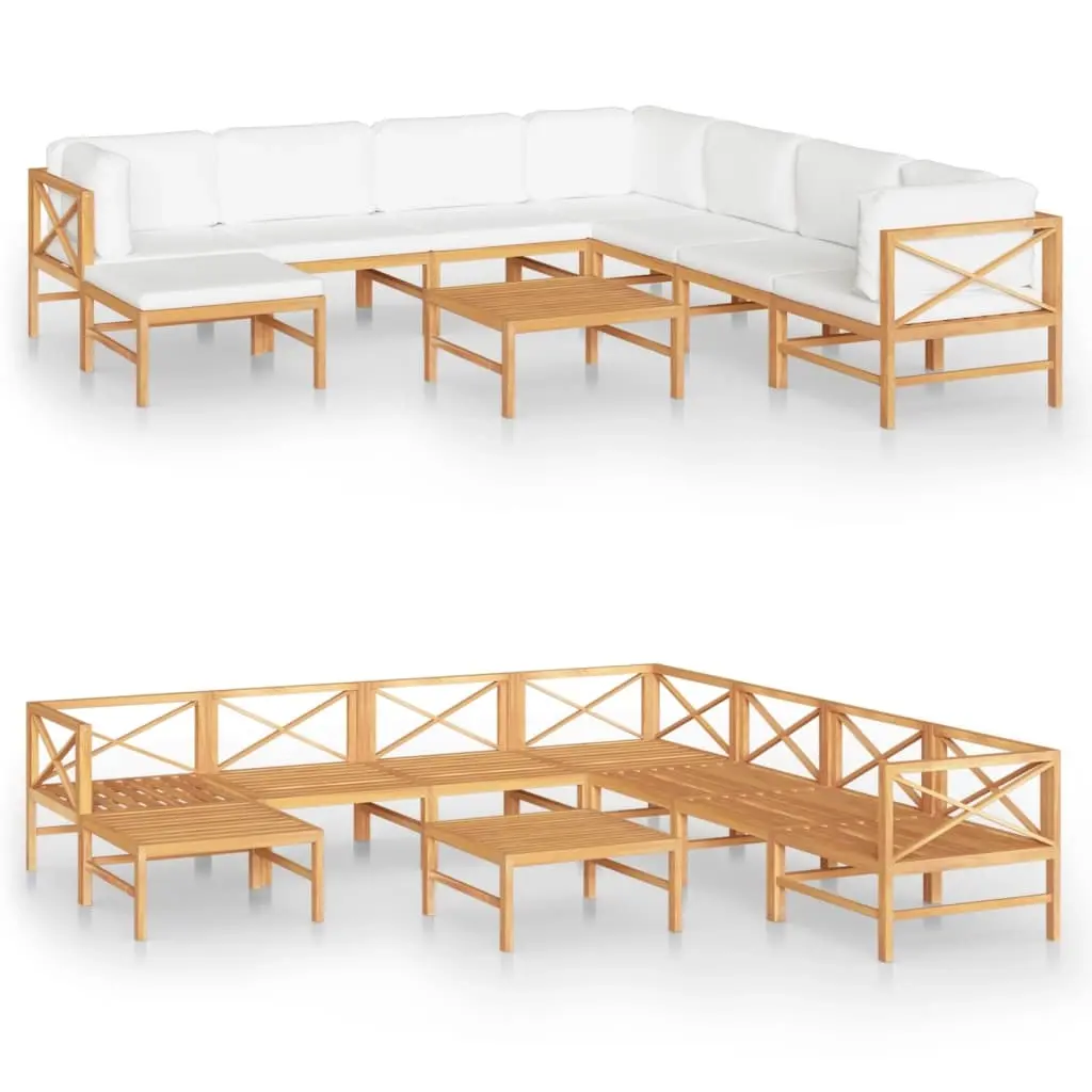 9 Piece Garden Lounge Set with Cream Cushions Solid Teak Wood 3087234 - Furniture