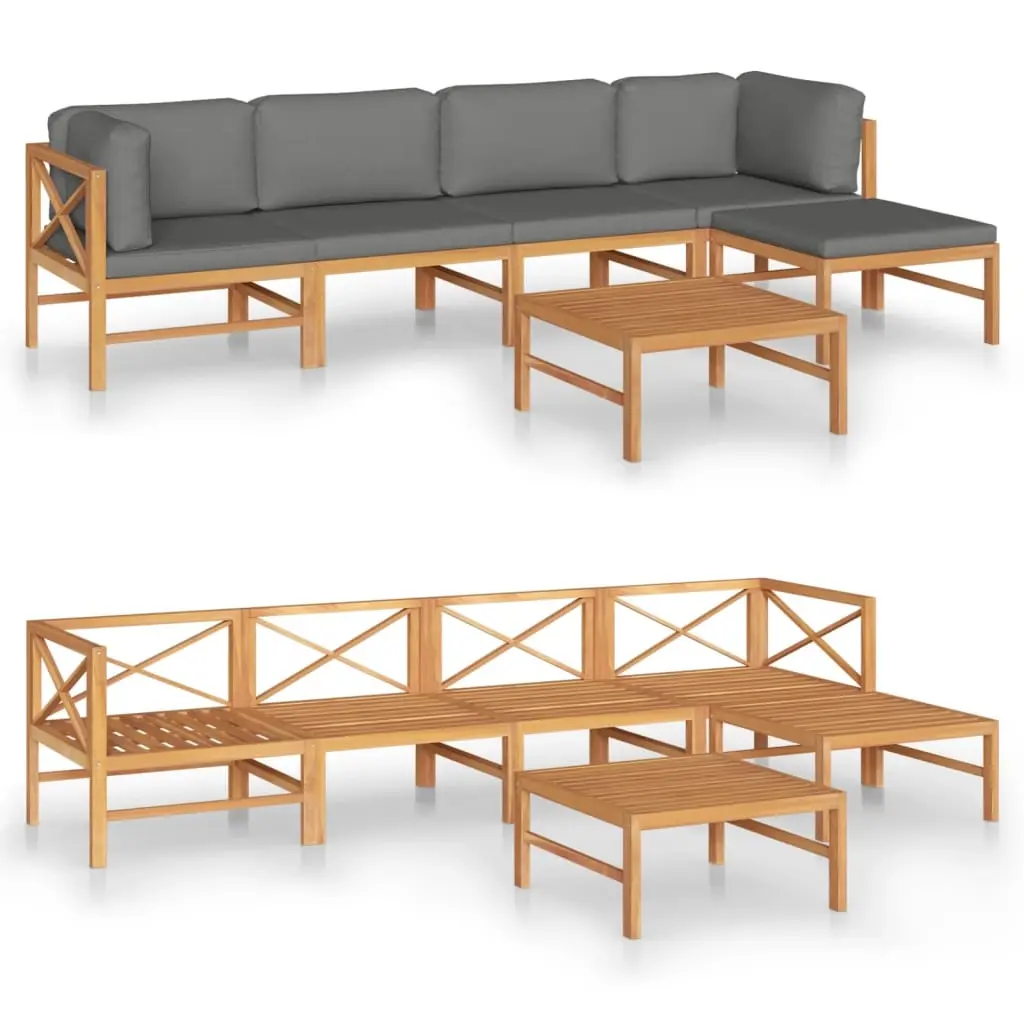 6 Piece Garden Lounge Set with Grey Cushions Solid Teak Wood 3087243 - Furniture