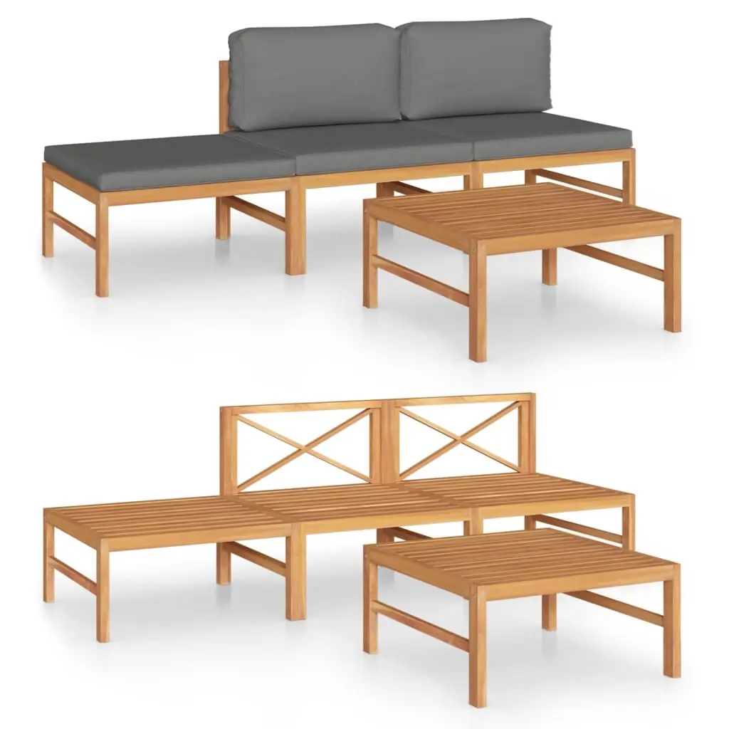 4 Piece Garden Lounge Set with Grey Cushions Solid Teak Wood 3087249 - Furniture