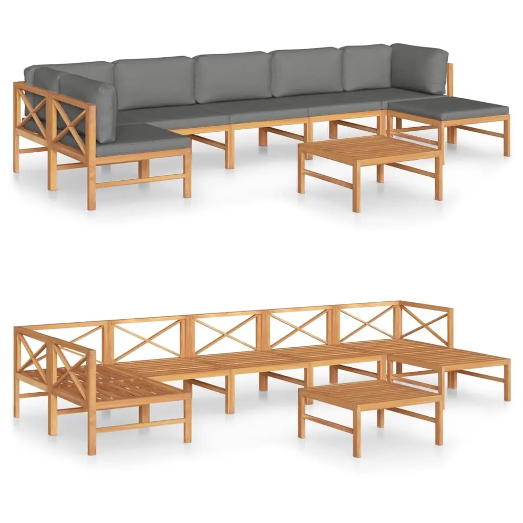 8 Piece Garden Lounge Set with Grey Cushions Solid Teak Wood 3087255 - Furniture