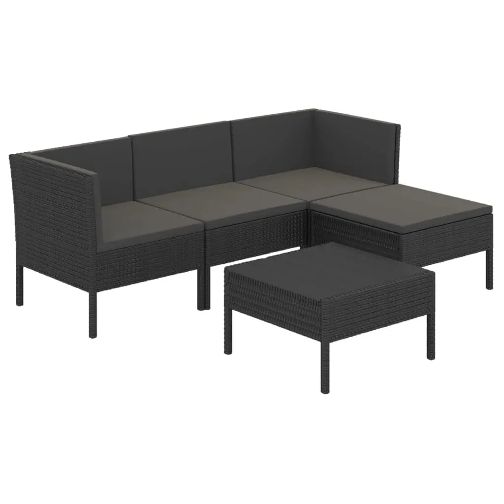 5 Piece Garden Lounge Set with Cushions Poly Rattan Black 3094377 - Furniture