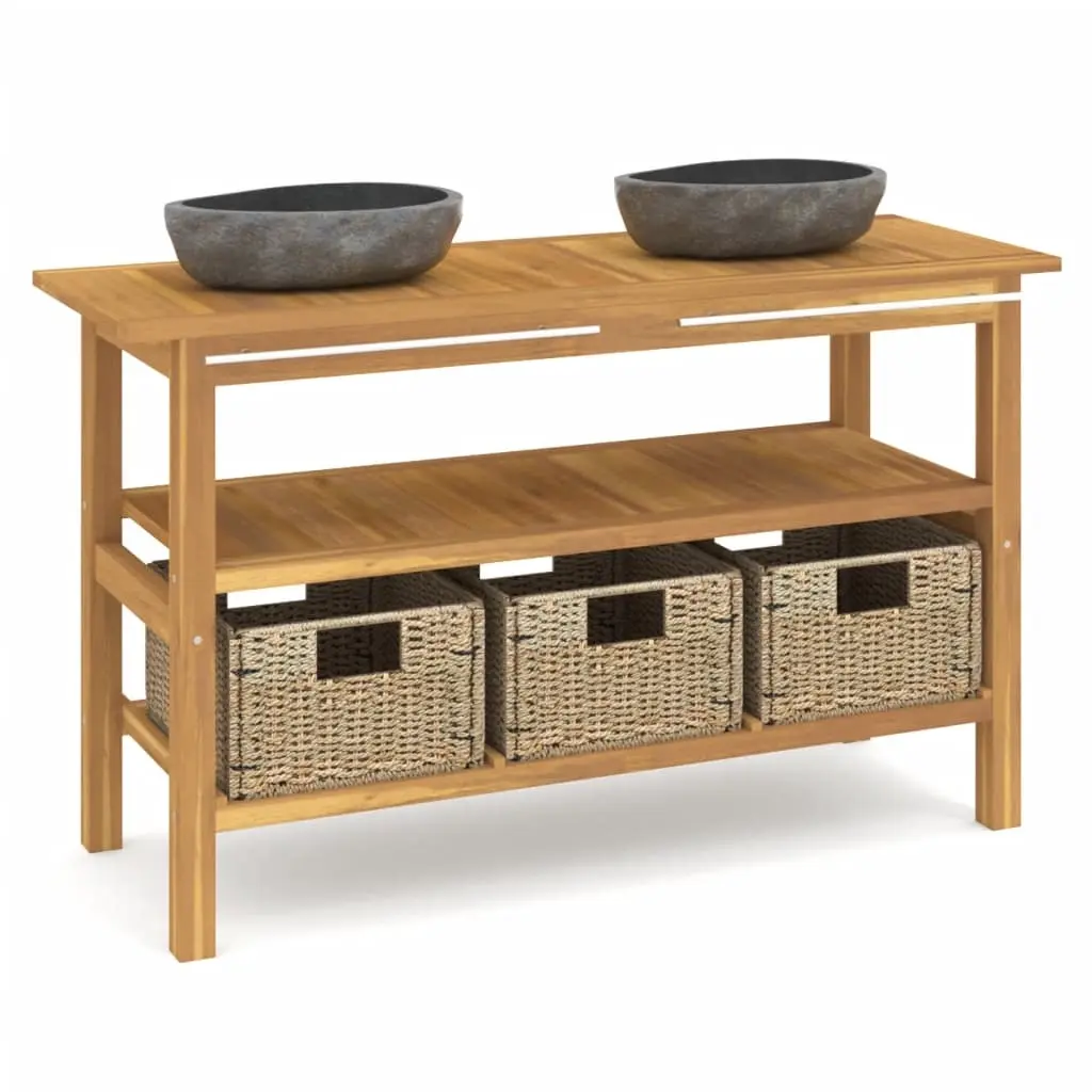 Bathroom Vanity Cabinet with River Stone Sinks Solid Wood Teak 3096590 - Furniture