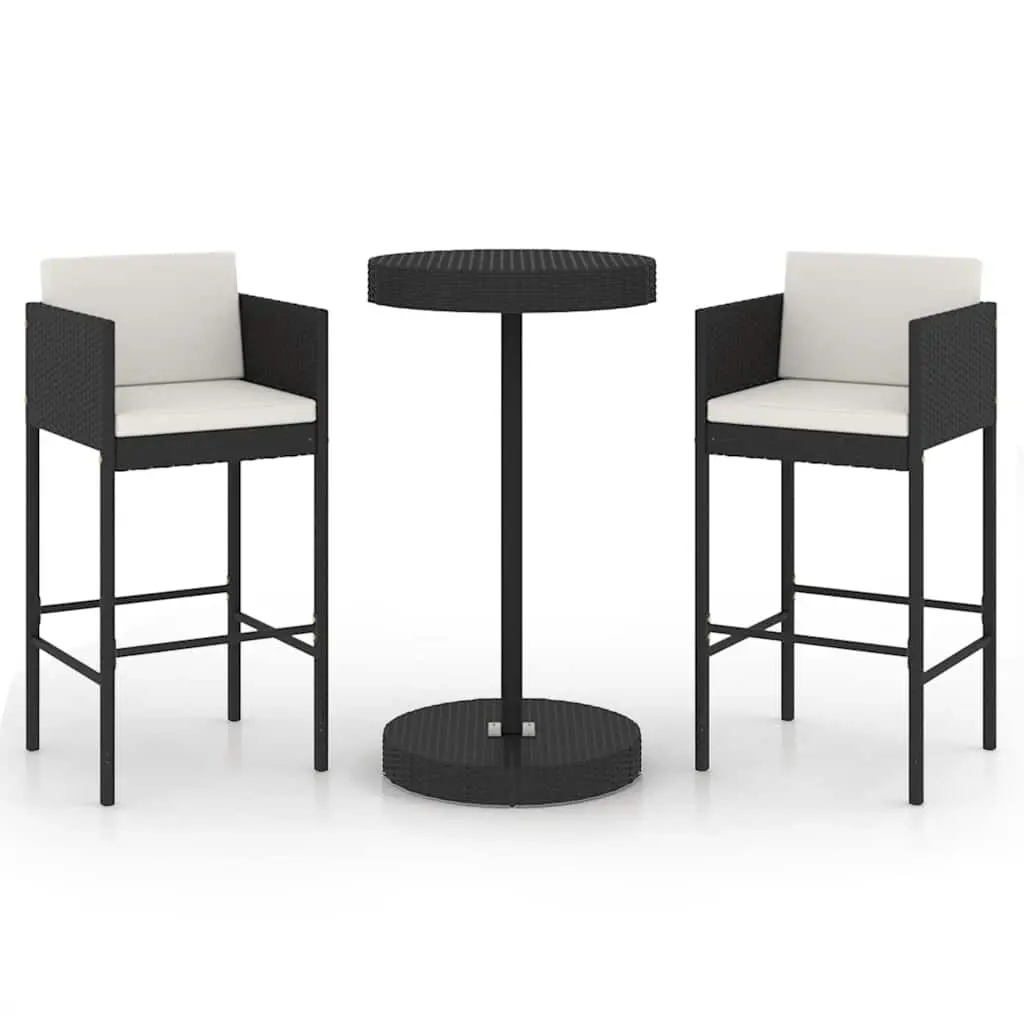3 Piece Garden Bar Set with Cushions Poly Rattan Black 3094772 - Furniture