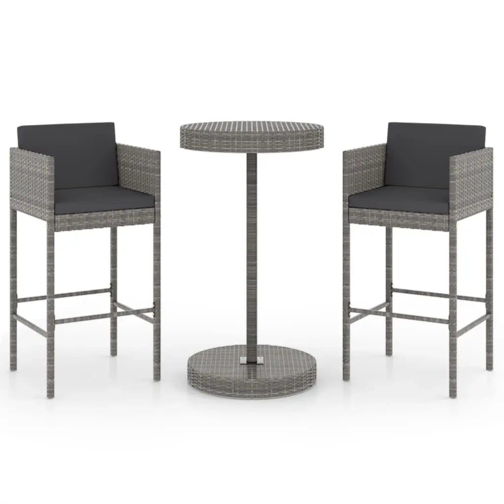 3 Piece Garden Bar Set with Cushions Poly Rattan Grey 3094773 - Furniture