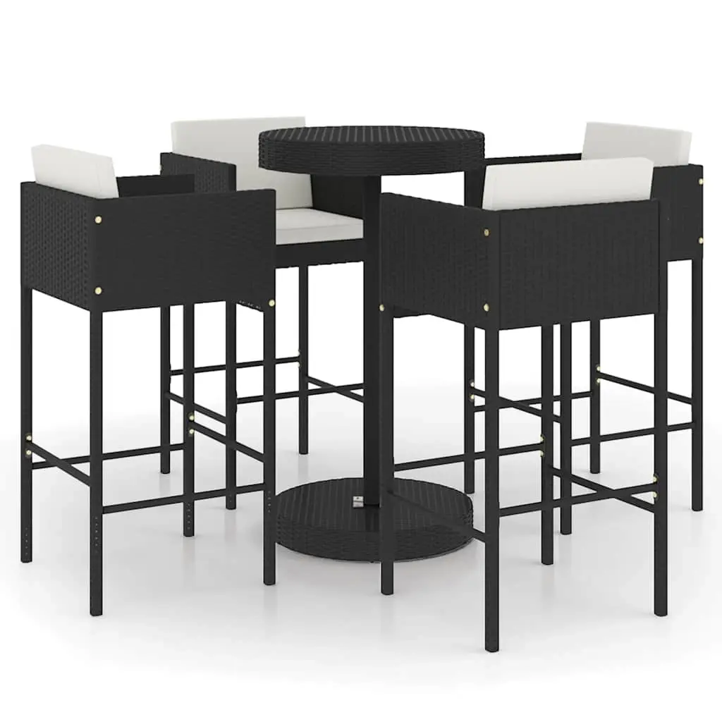 5 Piece Garden Bar Set with Cushions Poly Rattan Black 3094775 - Furniture