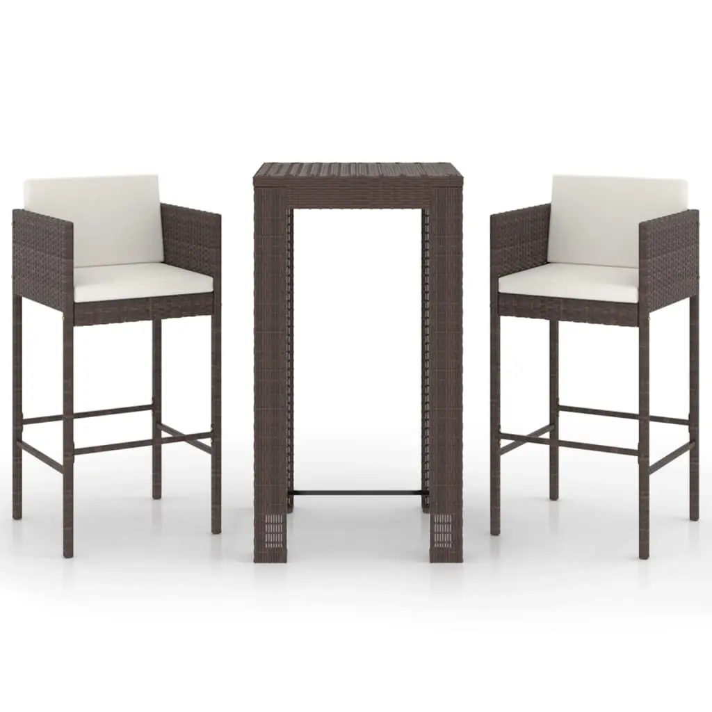 3 Piece Garden Bar Set with Cushions Poly Rattan Brown 3094777 - Furniture