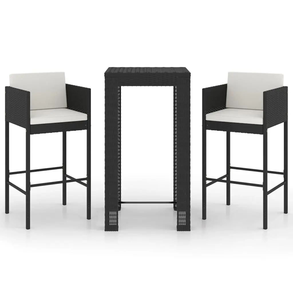 3 Piece Garden Bar Set with Cushions Poly Rattan Black 3094778 - Furniture