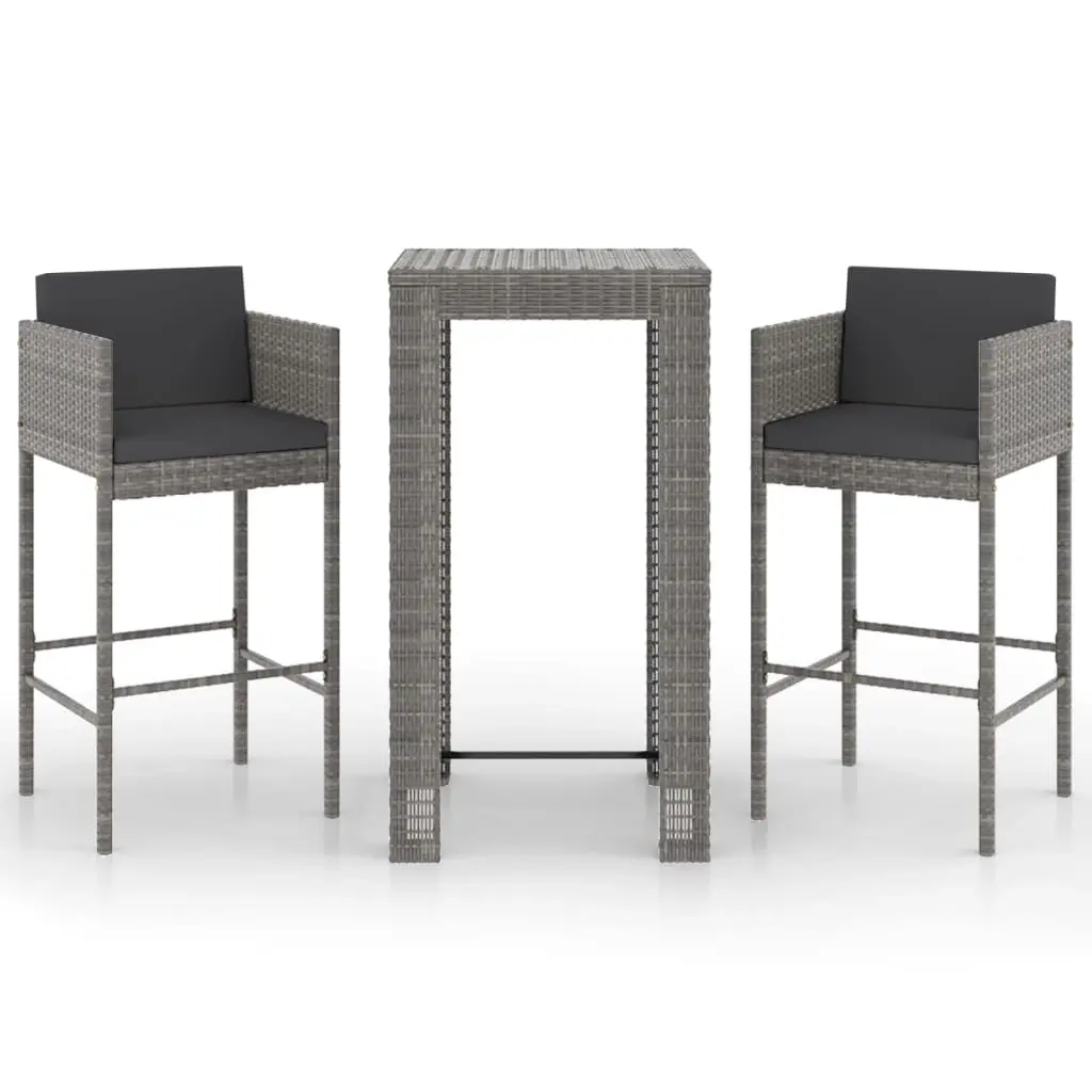 3 Piece Garden Bar Set with Cushions Poly Rattan Grey 3094779 - Furniture