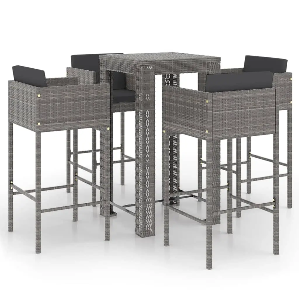 5 Piece Garden Bar Set with Cushions Poly Rattan Grey 3094782 - Furniture