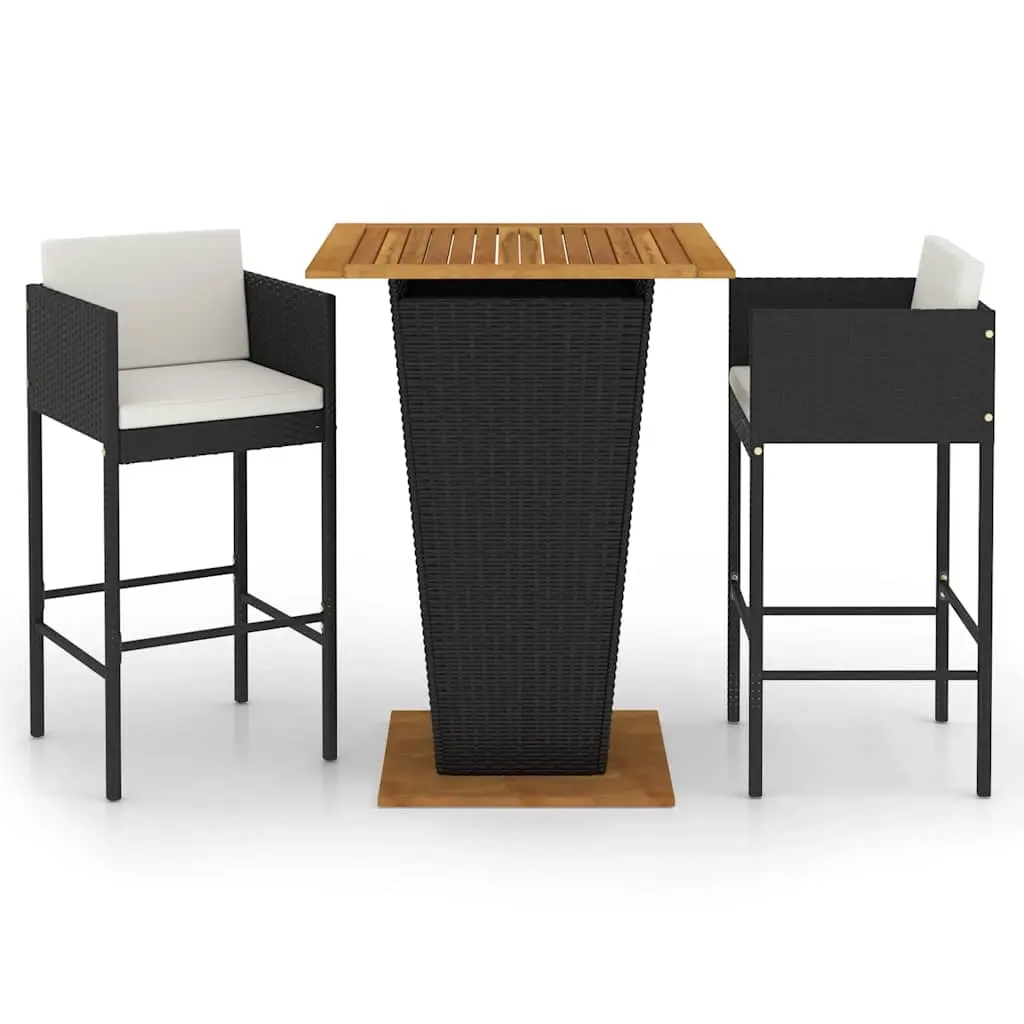 3 Piece Garden Bar Set with Cushions Poly Rattan Black 3094802 - Furniture