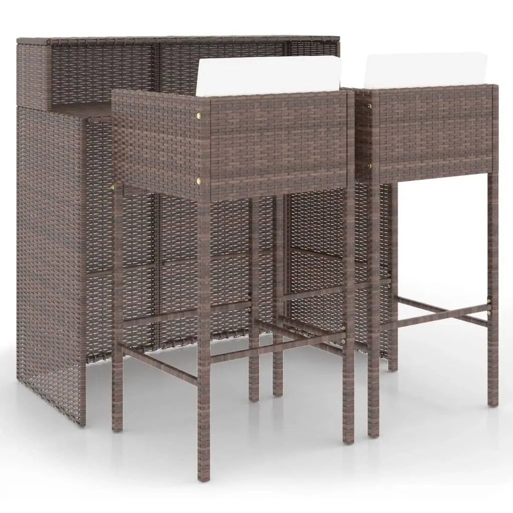 3 Piece Garden Bar Set with Cushions Poly Rattan Brown 3094806 - Furniture