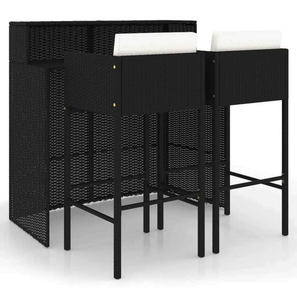 3 Piece Garden Bar Set with Cushions Poly Rattan Black 3094807 - Furniture