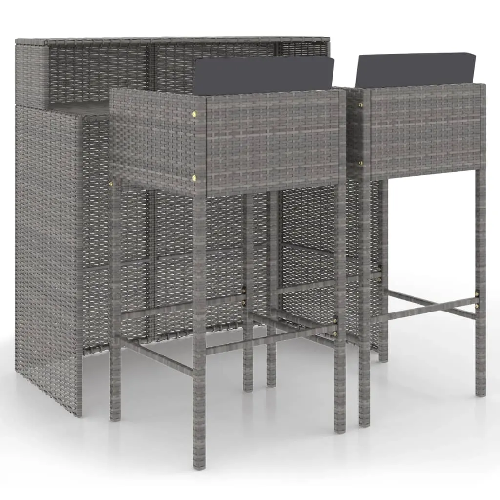 3 Piece Garden Bar Set with Cushions Poly Rattan Grey 3094808 - Furniture