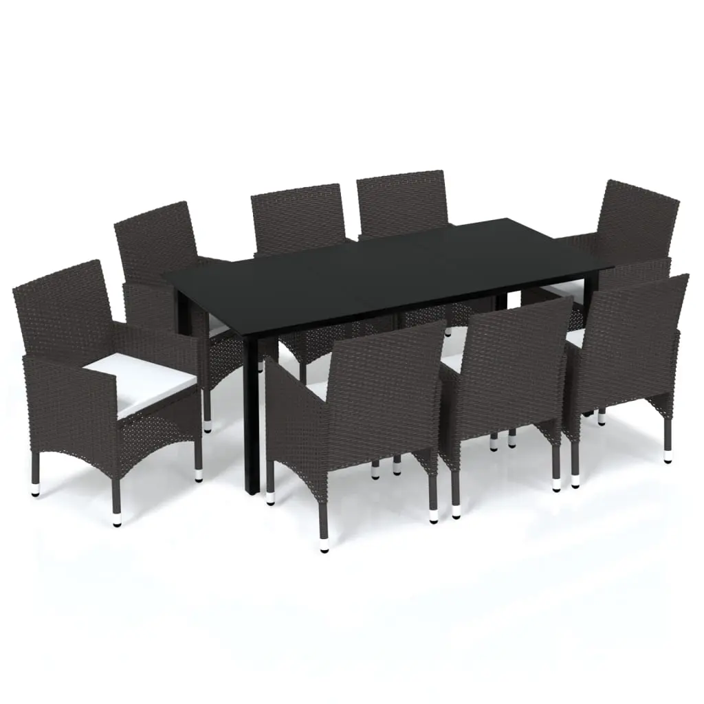 9 Piece Garden Dining Set with Cushions Poly Rattan Brown 3094996 - Furniture