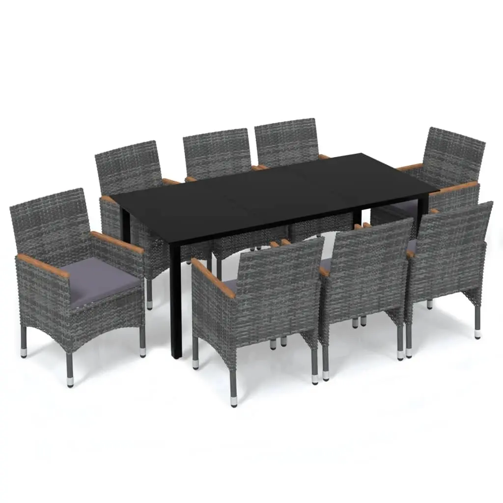 9 Piece Garden Dining Set with Cushions Poly Rattan Grey 3095008 - Furniture