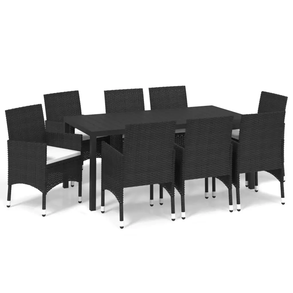 9 Piece Garden Dining Set with Cushions Poly Rattan Black 3095014 - Furniture