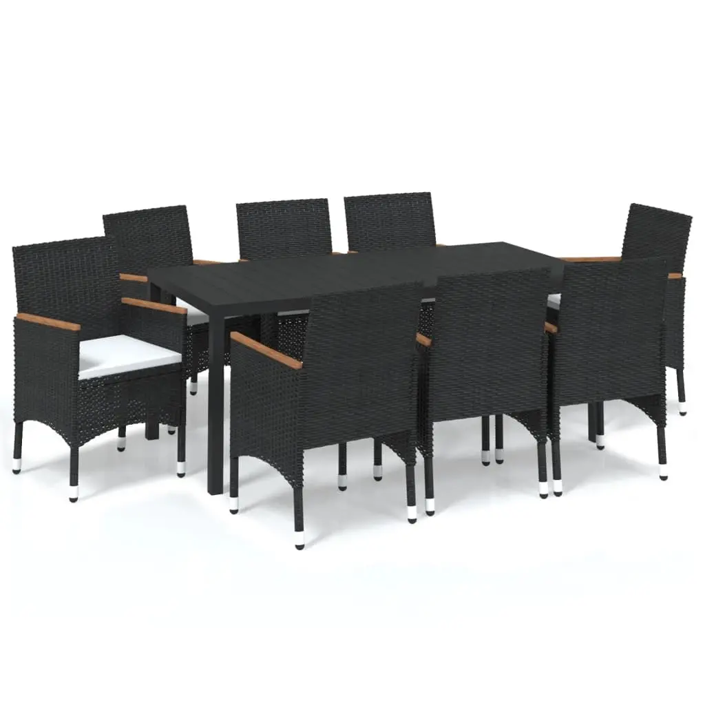 9 Piece Garden Dining Set with Cushions Poly Rattan Black 3095020 - Furniture