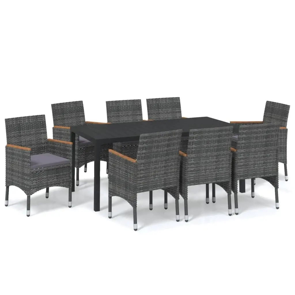 9 Piece Garden Dining Set with Cushions Poly Rattan Grey 3095032 - Furniture