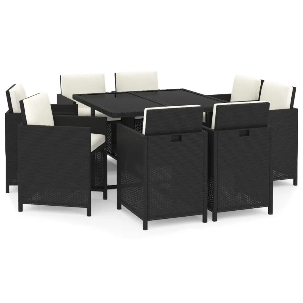 9 Piece Garden Dining Set with Cushions Poly Rattan Black 3095505 - Furniture