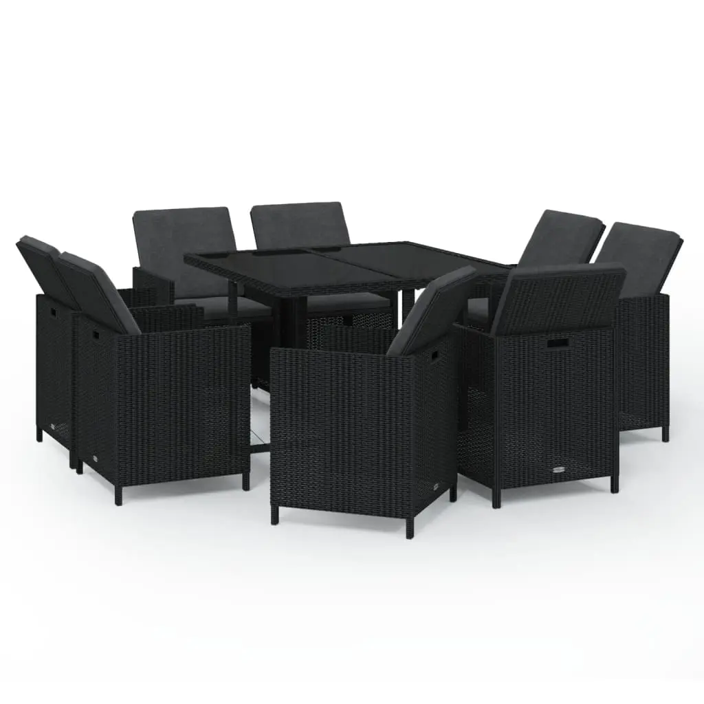 9 Piece Garden Dining Set with Cushions Poly Rattan Black 3095506 - Furniture