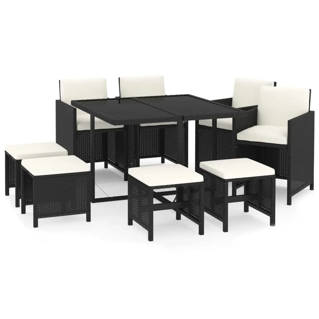 9 Piece Garden Dining Set with Cushions Poly Rattan Black 3095507 - Furniture