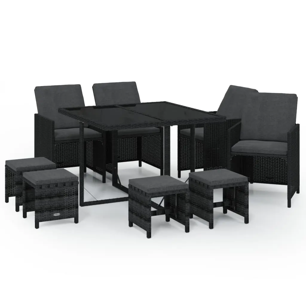 9 Piece Garden Dining Set with Cushions Poly Rattan Black 3095508 - Furniture
