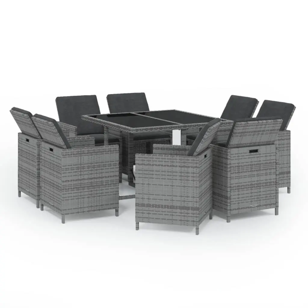 9 Piece Garden Dining Set with Cushions Poly Rattan Grey 3095510 - Furniture