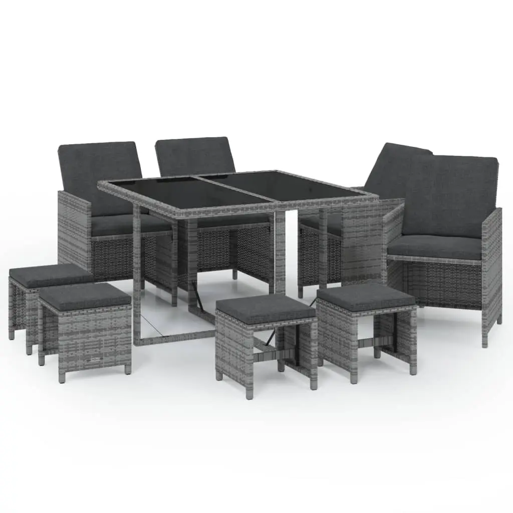 9 Piece Garden Dining Set with Cushions Poly Rattan Grey 3095511 - Furniture