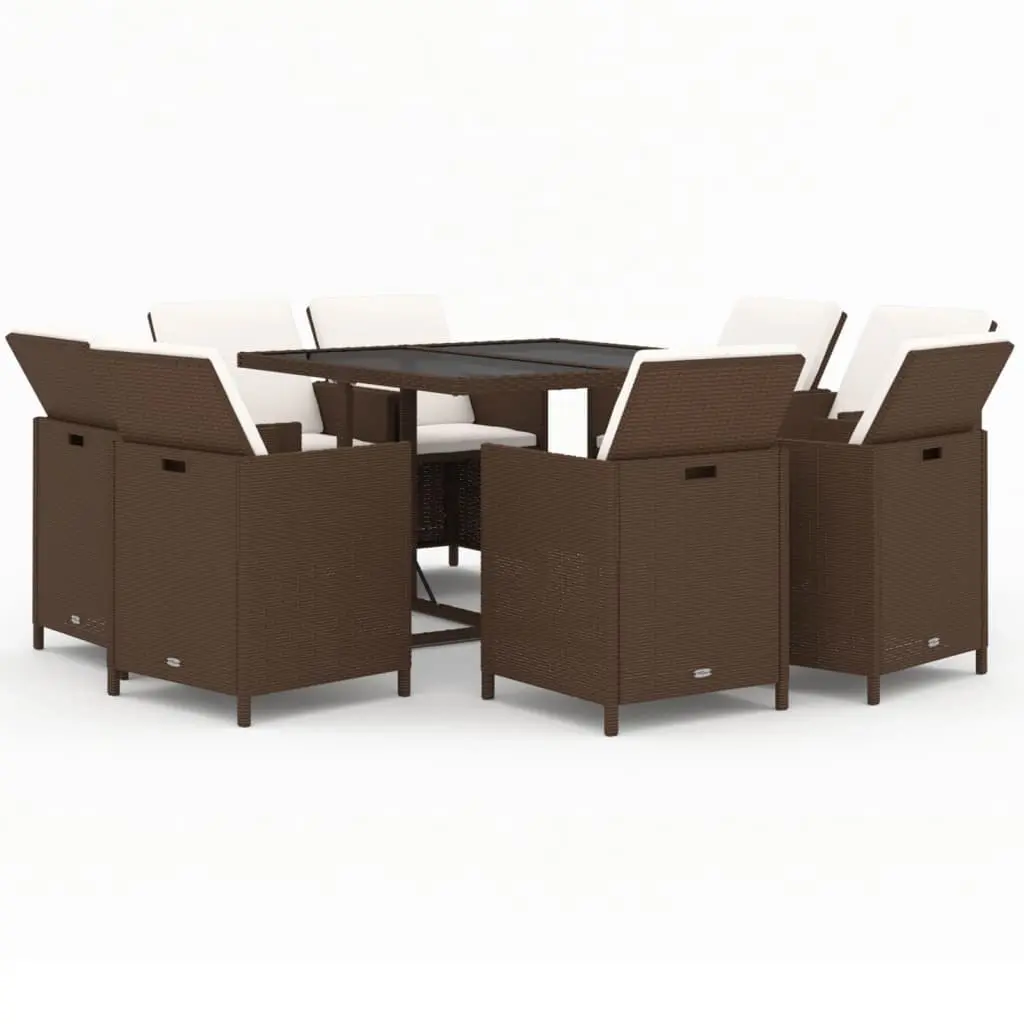9 Piece Garden Dining Set with Cushions Poly Rattan Brown 3095513 - Furniture