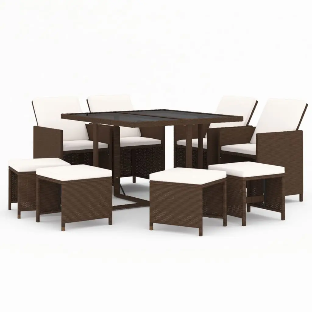 9 Piece Garden Dining Set with Cushions Poly Rattan Brown 3095514 - Furniture