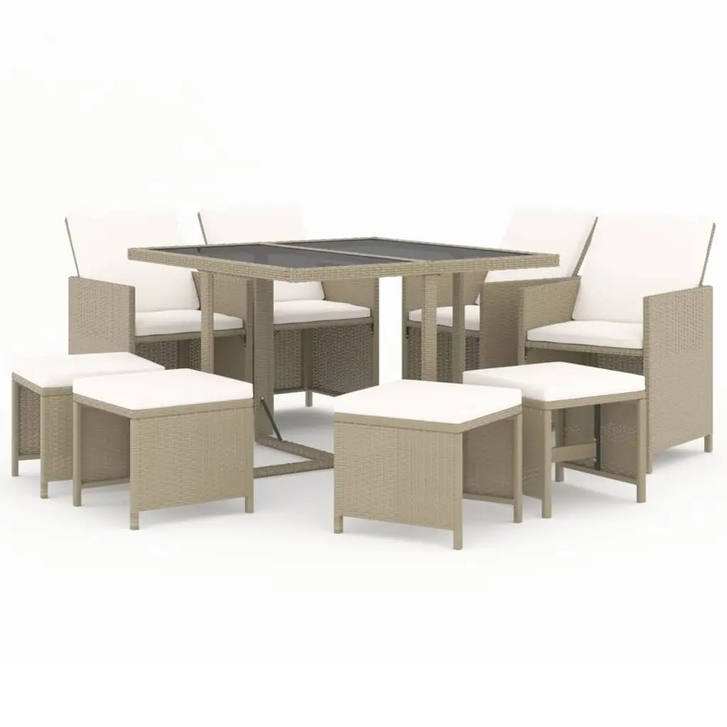 9 Piece Garden Dining Set with Cushions Poly Rattan Beige 3095517 - Furniture