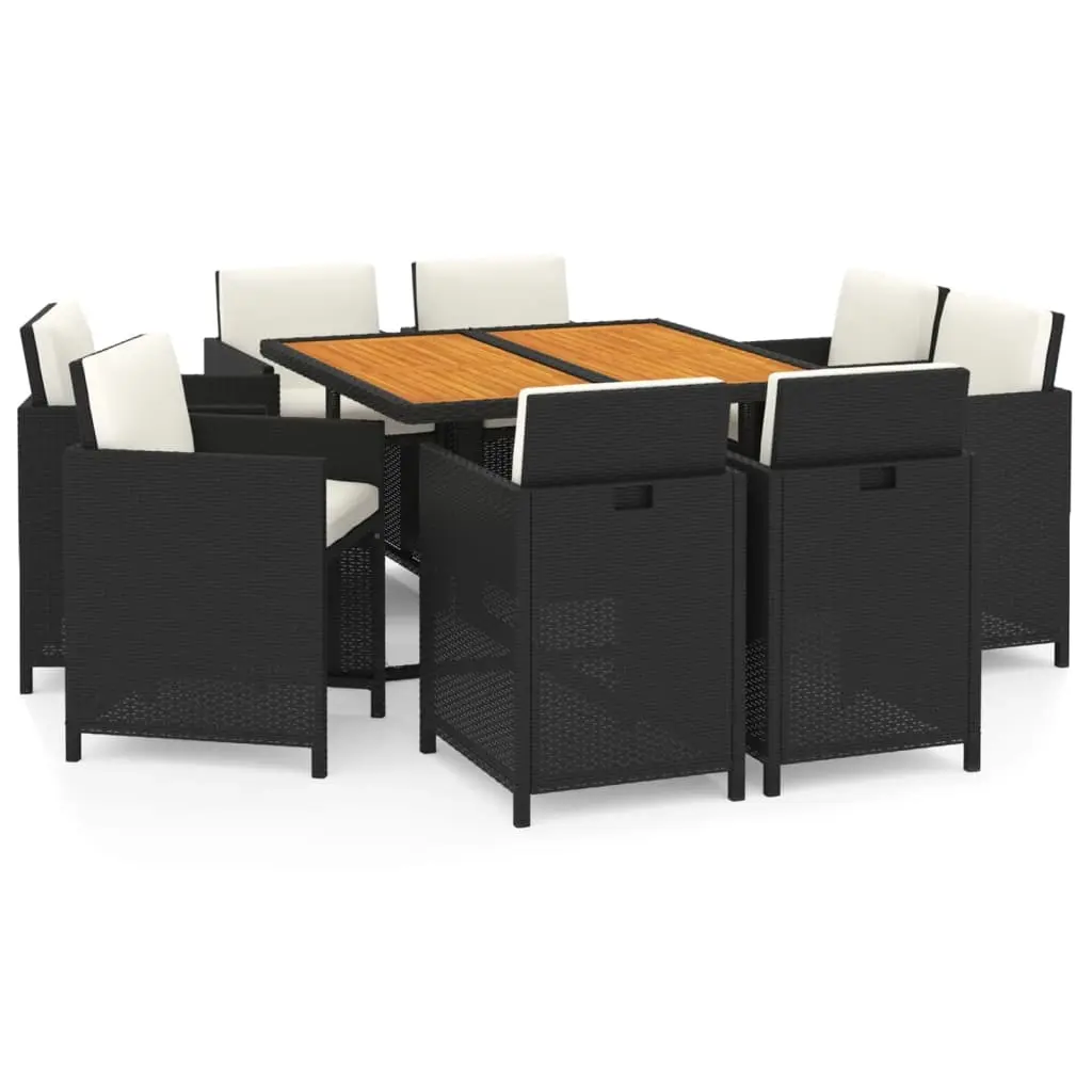 9 Piece Garden Dining Set with Cushions Poly Rattan Black 3095520 - Furniture