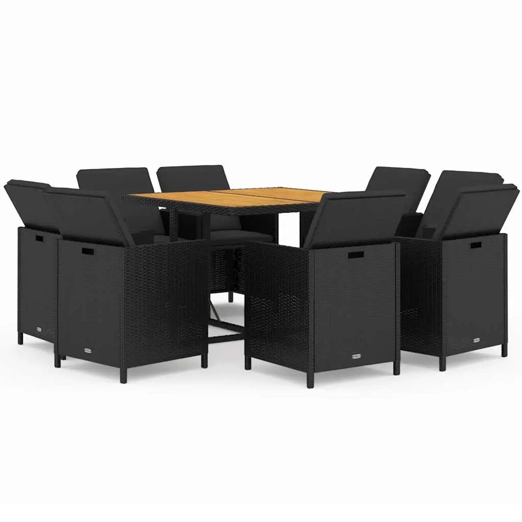 9 Piece Garden Dining Set with Cushions Poly Rattan Black 3095521 - Furniture