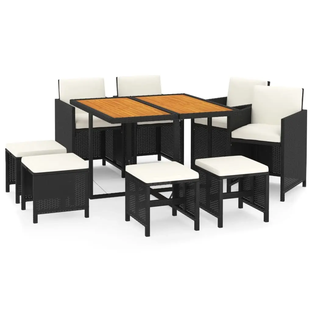 9 Piece Garden Dining Set with Cushions Poly Rattan Black 3095522 - Furniture